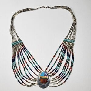 Vintage Southwestern Inlaid Sterling Silver Pendant Beaded Necklace Colorful